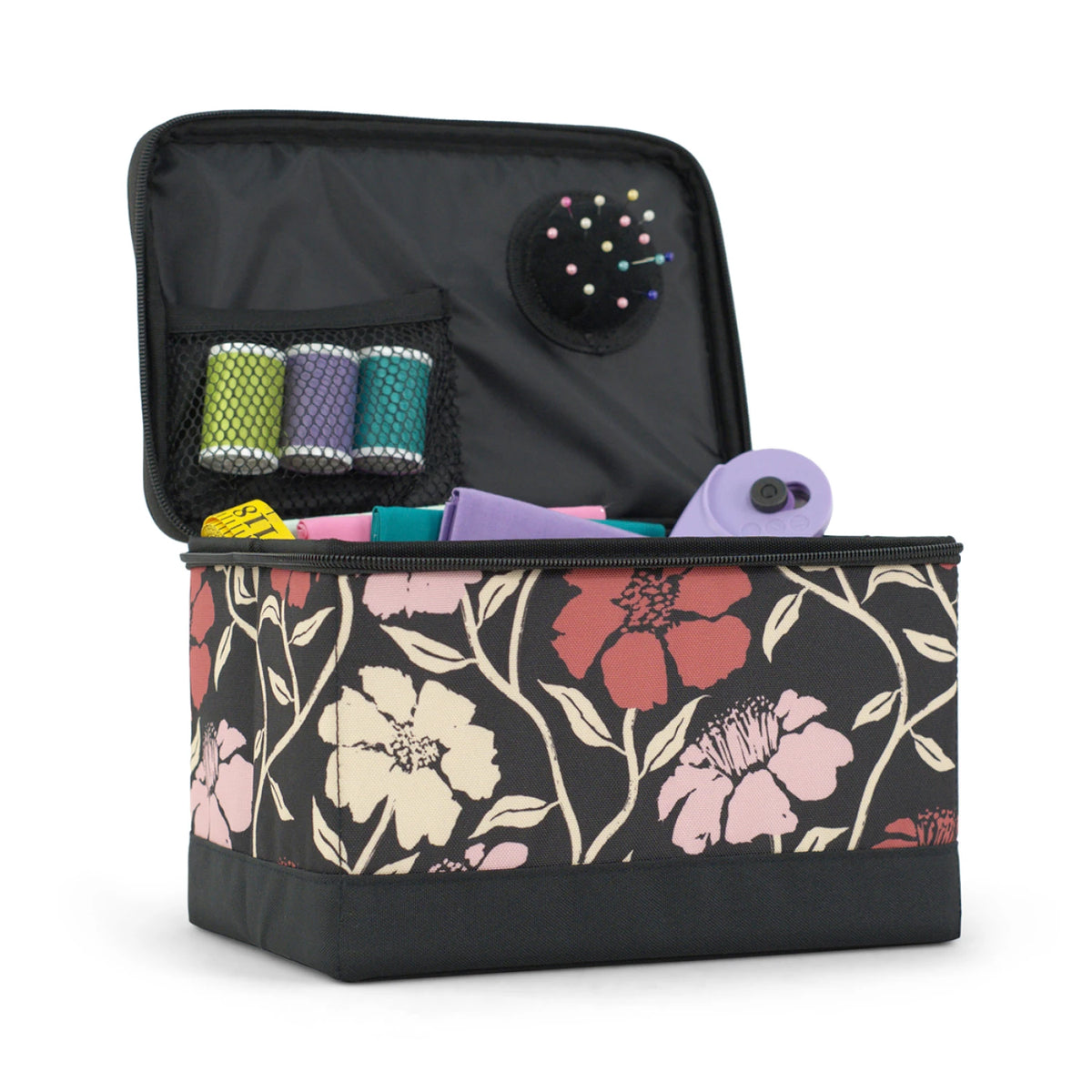 Sewing Box Organizer red floral with sewing supplies organized