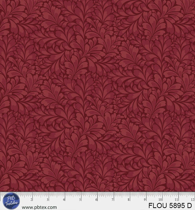 Flourish Dark Red Leaves Fabric Yardage