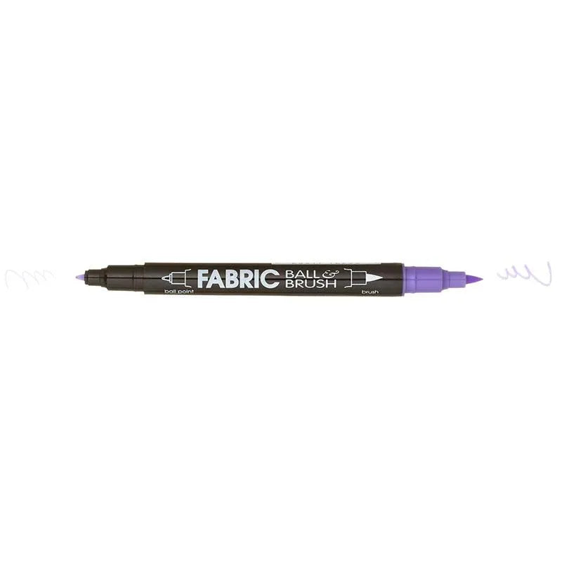 The Marvy Fabric Ball & Brush Marker by United Notions features a purple ballpoint tip and a purple brush tip on a black body printed with "Fabric Ball & Brush," making it an essential permanent fabric marker for creative projects.