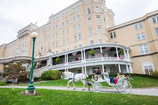 French Lick Springs Hotel entrance with horse-drawn carriage