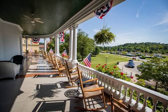 The covered front porch at French Lick Springs Hotel