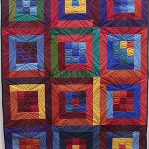A colorful quilt featuring a grid of twelve squares, each made of concentric rectangles in vibrant solid colors like red, blue, yellow, green, and purple, with visible quilted stitching patterns.