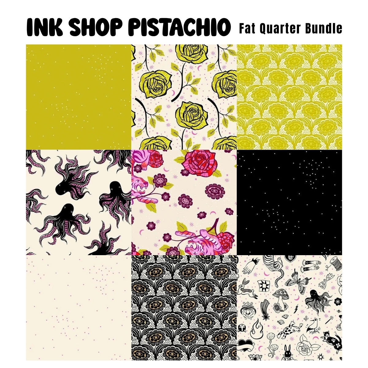 Ink Shop Pistachio fat quarter bundle green-toned watercolor fabric