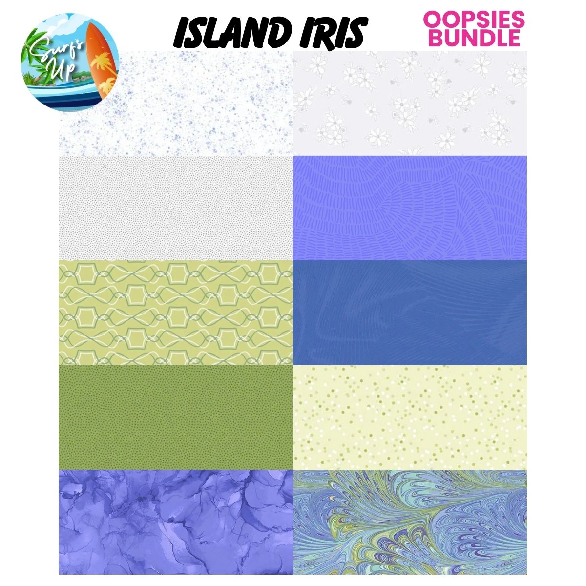 Mystery Five-0 Island Iris Oopsies fat quarter bundle fabric swatches