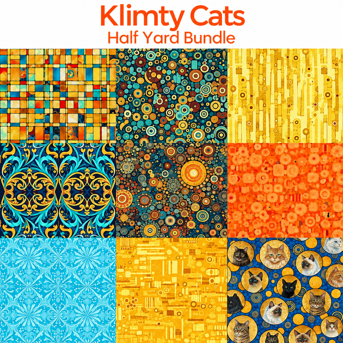Klimty Cats half yard bundle Klimt-inspired decorative cat print quilting fabric collection