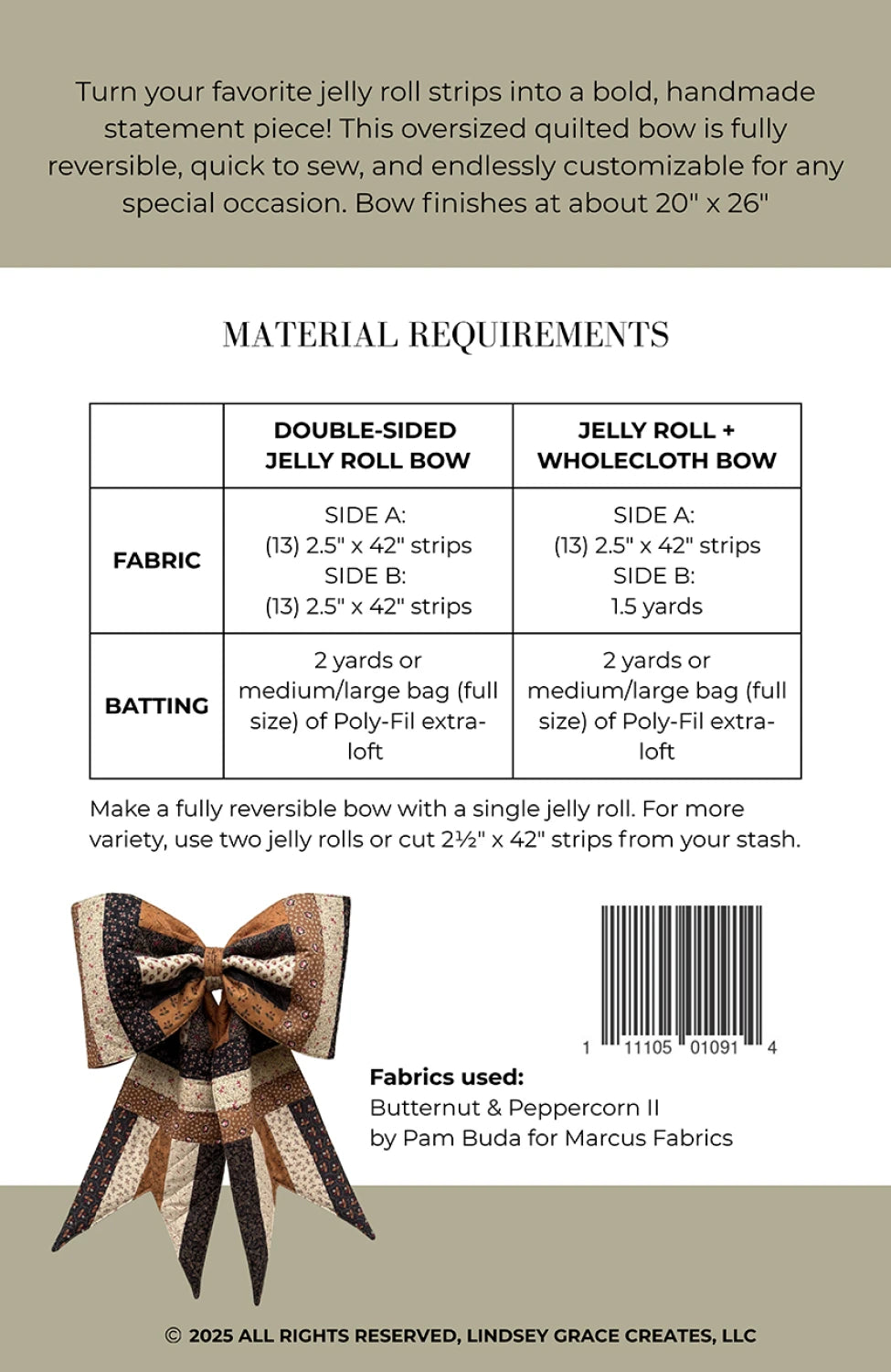 The Big Giant Quilted Jelly Roll Bow Pattern instructional guide and finished bow
