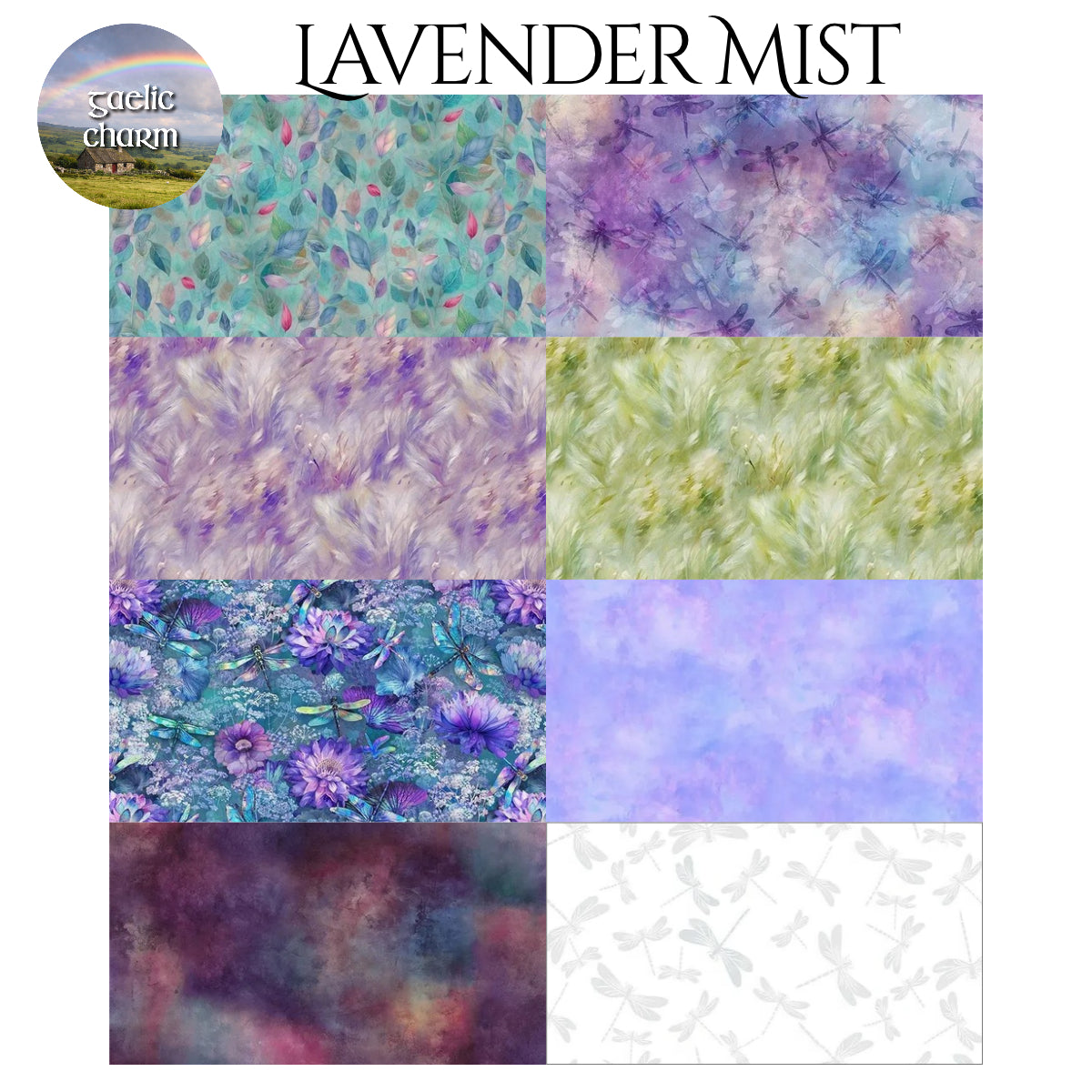 Lavender Mist fabric swatches showing purple and lavender colorways for Mystery Five-0 quilt kit