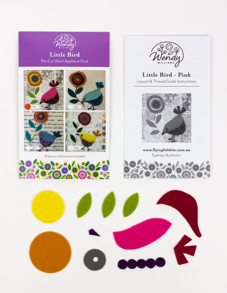 Wendy Williams Pink Little Bird wool kit fabric pieces