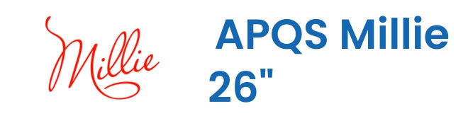 The image shows the word Millie in red cursive on the left and APQS Millie 26 in bold blue text on the right.