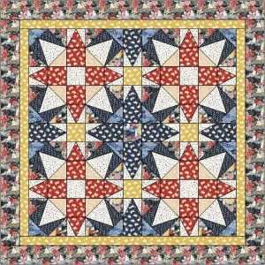 A colorful quilt features four star-shaped patterns in red, white, blue, and yellow with small floral prints. The quilt is bordered by a yellow band and a wide floral border on the outside edge.