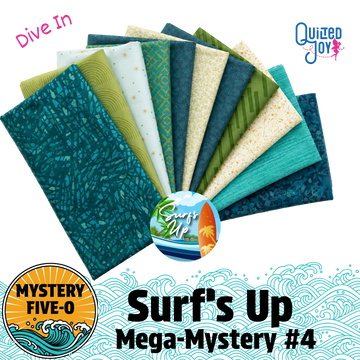 A promotional graphic for a fabric bundle called Surf's Up Mega-Mystery #4, showing a fan of five different patterned and printed cotton fabrics in shades of teal, green, blue, and cream. The fabrics feature various designs like stripes, waves, and sun motifs.