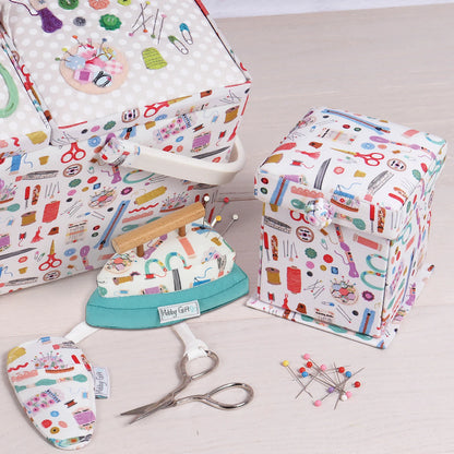 Hobby Gift iron pincushion displayed with coordinating sewing notions storage box and scissors
