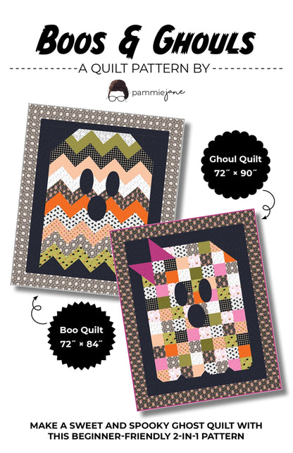 Boos and Ghouls Halloween quilt pattern cover with ghost patchwork design