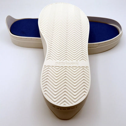 Bottom tread view of white Patchwork Kicks rubber sole with chevron pattern