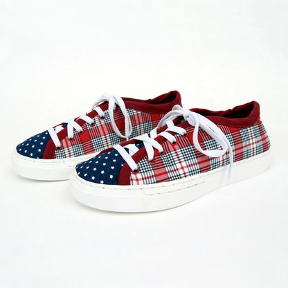 Completed Patchwork Kicks sneakers in red plaid and navy blue star pattern