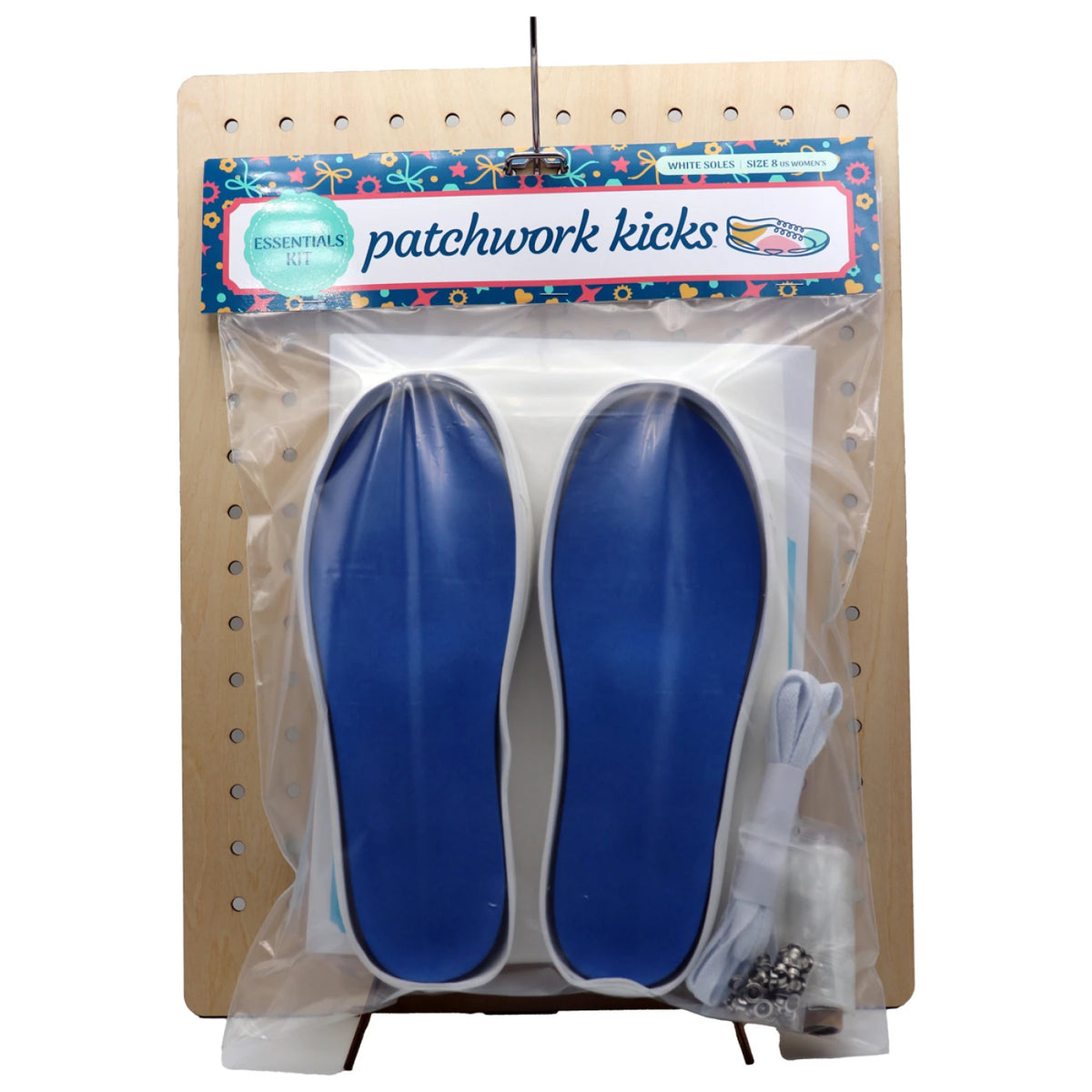 Patchwork Kicks blue insoles with white arch-support bases on display board