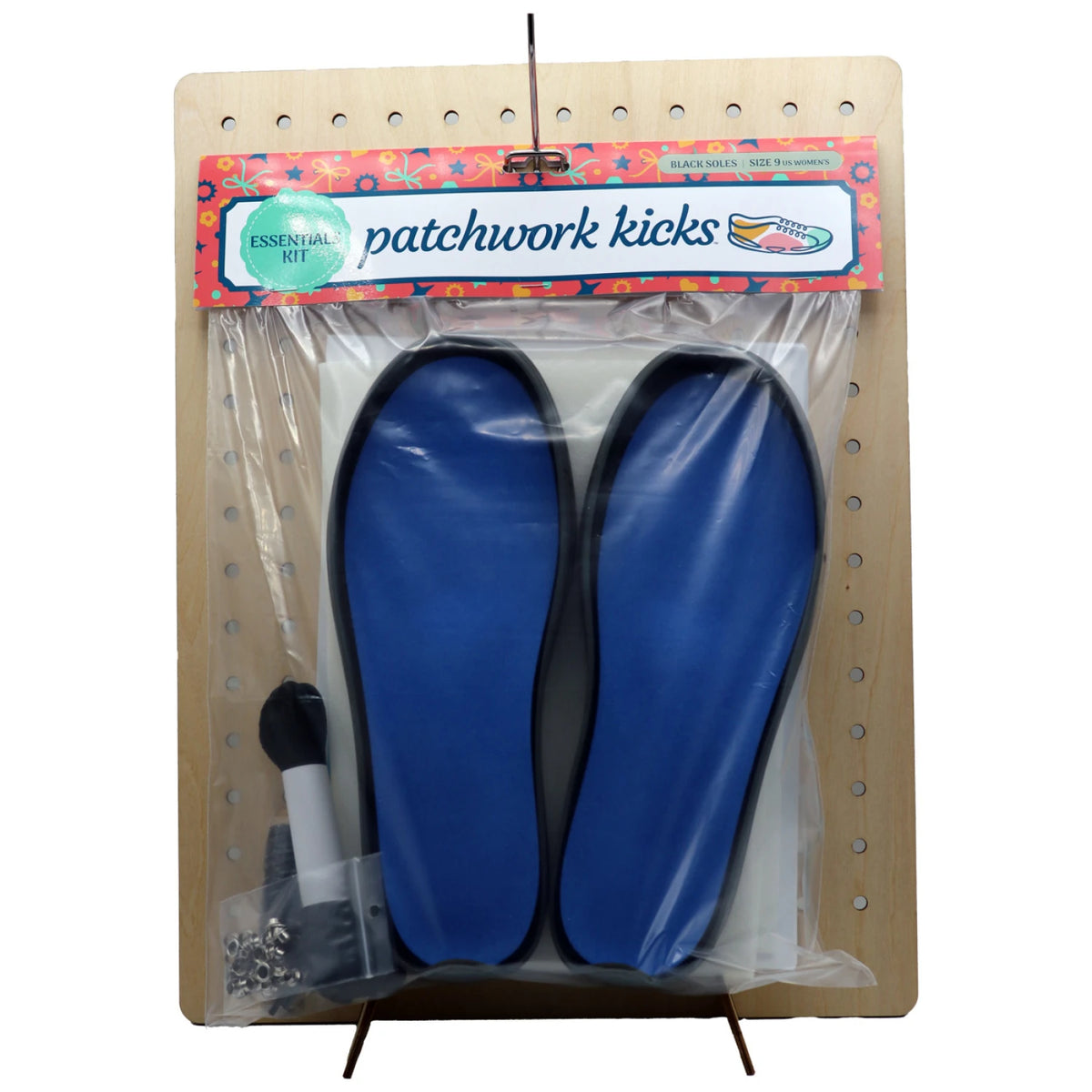 Patchwork Kicks curved blue arch-support insoles with gray molded soles on board