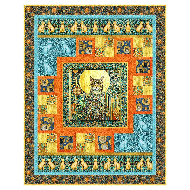 Imperial Cats quilt pattern featuring stained glass style cat portrait block design