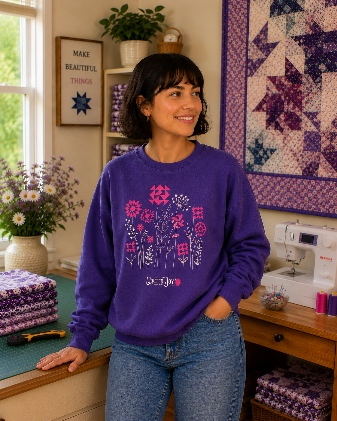 Quilted Joy Flowers Indigo Crewneck Sweatshirt - image 1 - quilting supply from Quilted Joy
