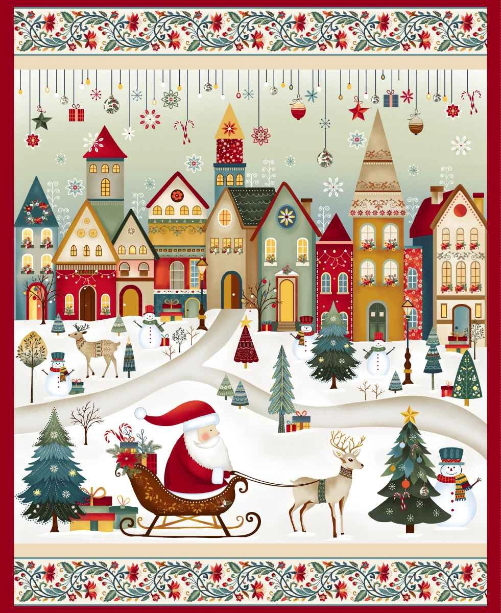 Nordic Holiday Village Cream Multi Santa Scene Panel  36" - quilt fabric panel for quilting projects