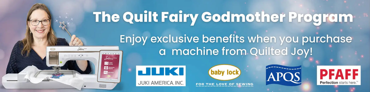 Promotional banner for Quilted Joy's Quilt Fairy Godmother Program with Angela Huffman holding a wand over a Baby Lock sewing machine.