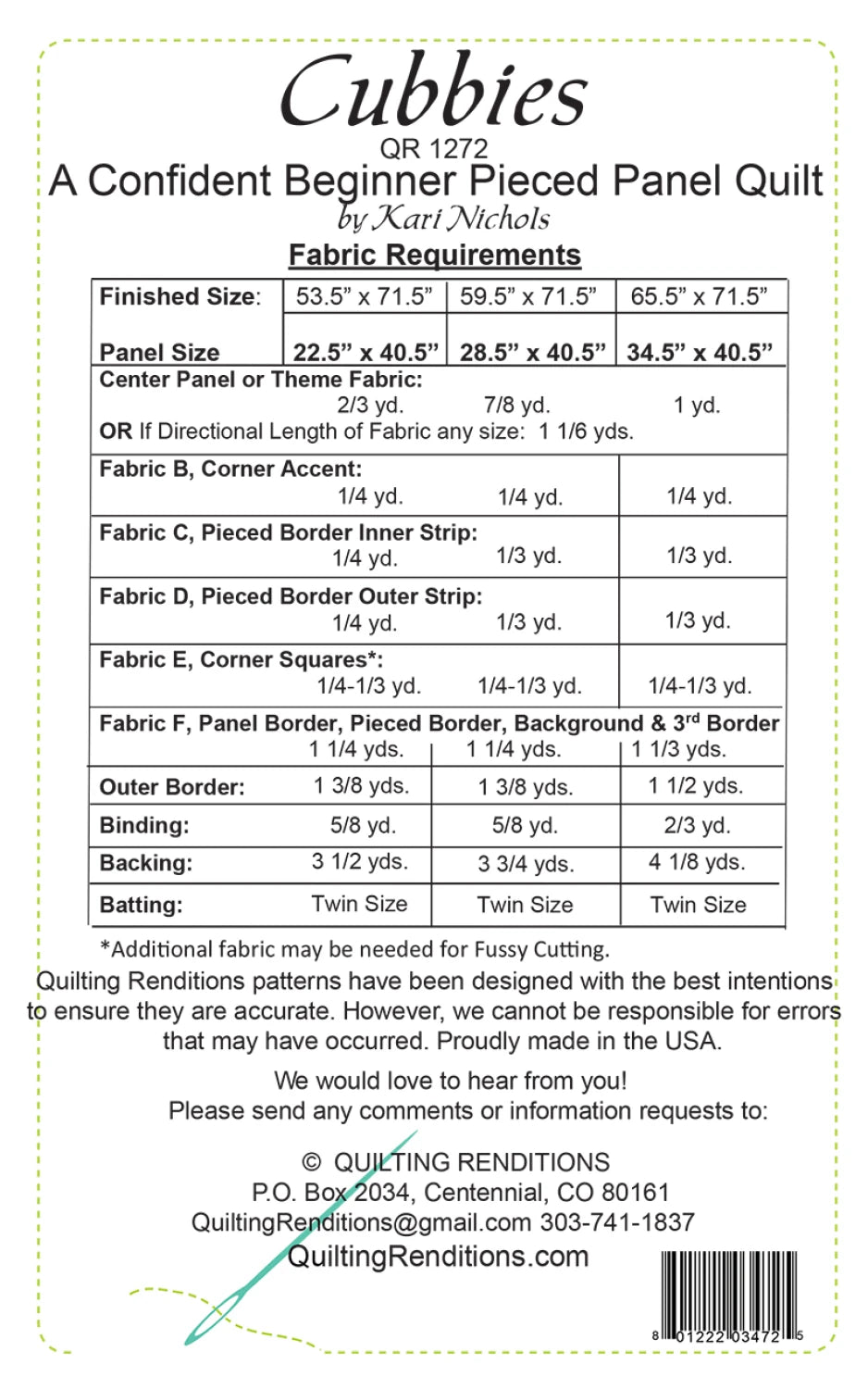Cubbies quilt pattern back cover with project details
