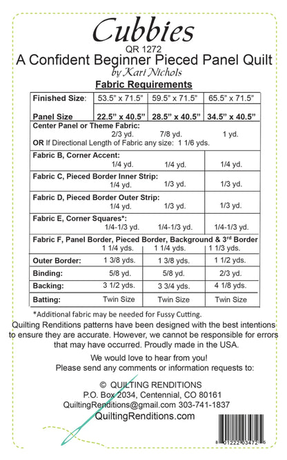 Cubbies quilt pattern back cover with project details