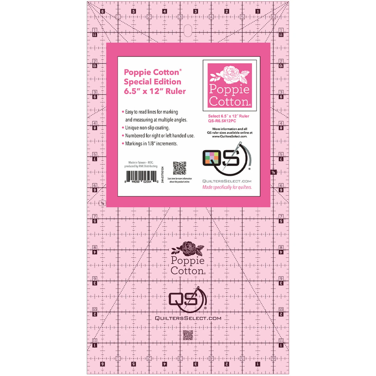Quilters Select Pink Poppie Cotton Non-Slip Ruler 6-1/2in x 12in - quilting ruler for precision cutting