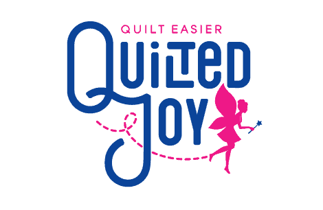 Logo for Quilted Joy with the words QUILT EASIER above. A pink fairy holding a wand appears next to the text, with a stitched pink line looping through the letter Q.