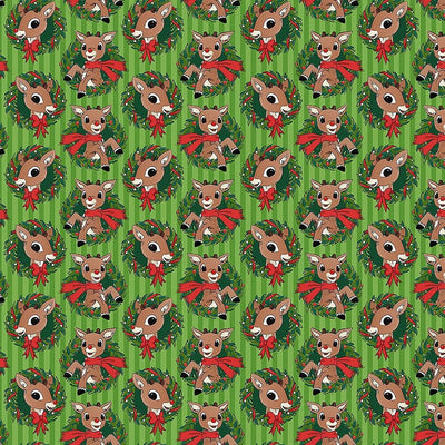 Rudolph the Red-Nosed Reindeer Green Rudolph Wreath Fabric Yardage