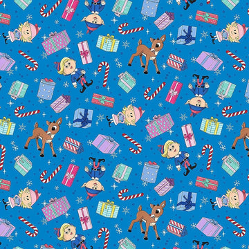 Rudolph the Red-Nosed Reindeer Blue Presents Fabric Yardage - quilt fabric for sewing and quilting projects