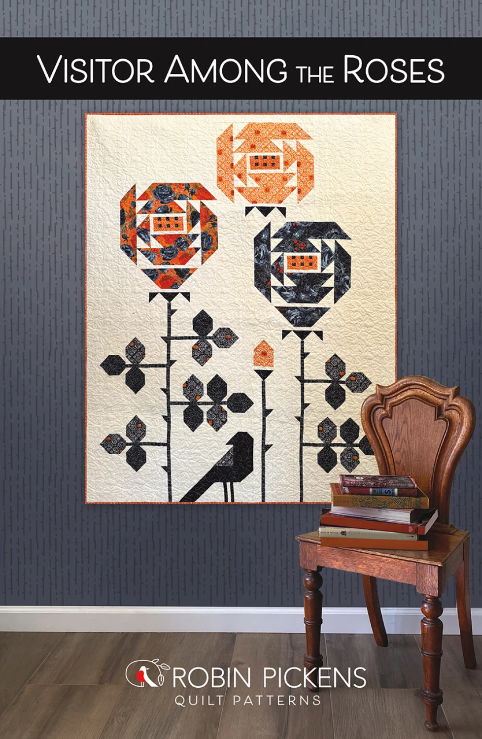 Visitor Among the Roses quilt pattern with oversized pieced roses and bird