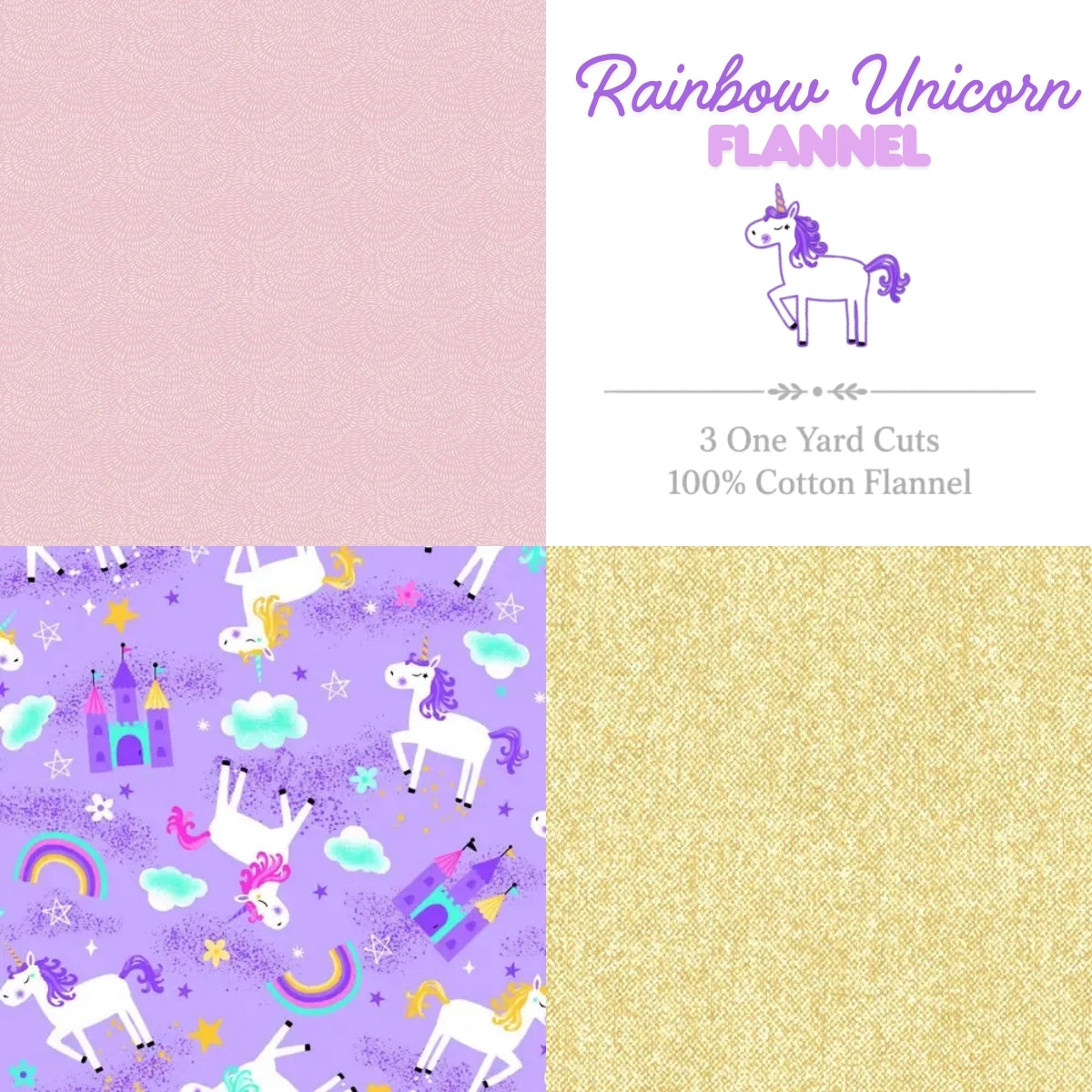 Rainbow Unicorn flannel fabric 3 yard bundle with colorful unicorn prints