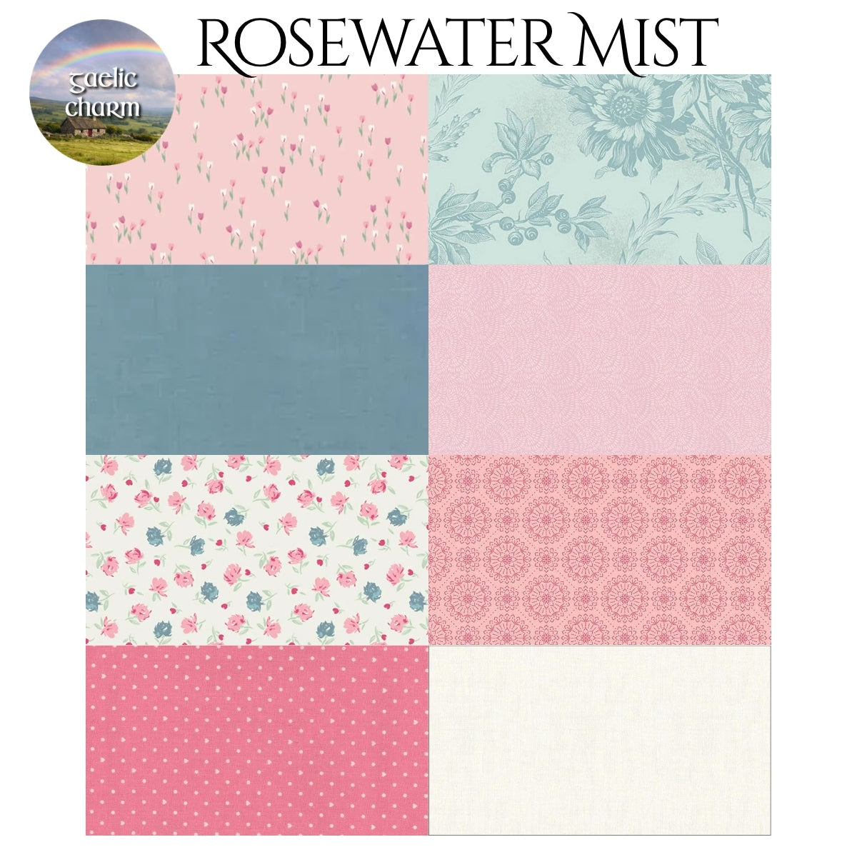 Rosewater Mist fabric swatches for Mystery Five-0 Gaelic Charm mystery quilt