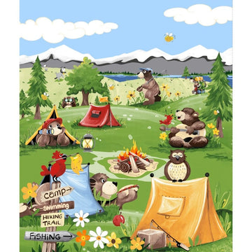 Barron Goes Camping Grass Green Quilt Panel - quilt fabric panel for quilting projects
