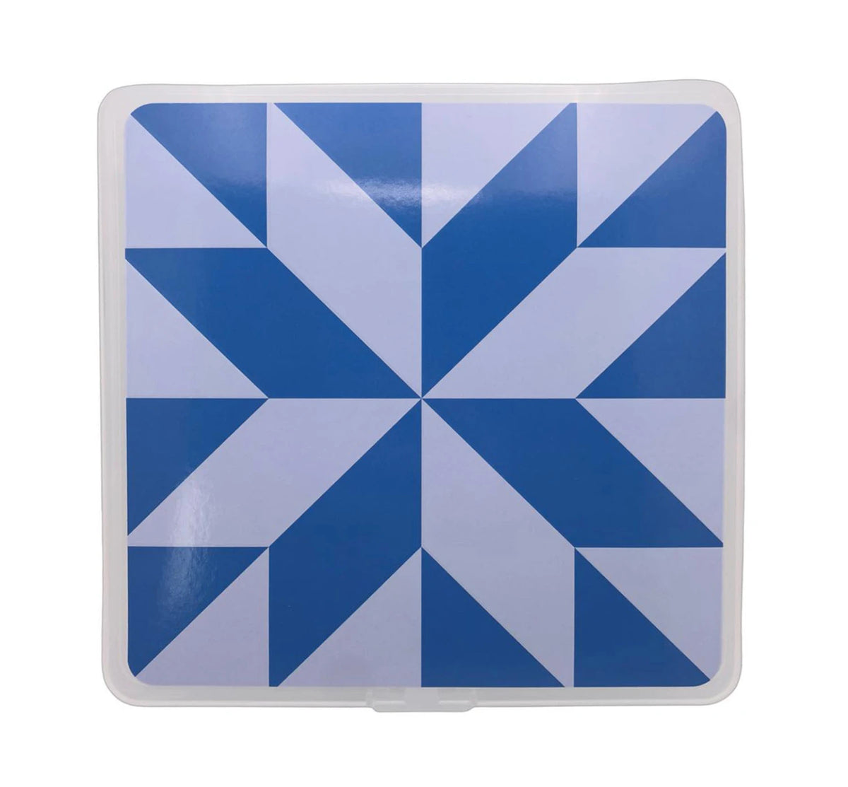 The Summit Street Storage Box - Bluebird by Checker Distributor features a square shape and a blue-and-white geometric pattern with large triangles in a starburst, quilt-inspired design.
