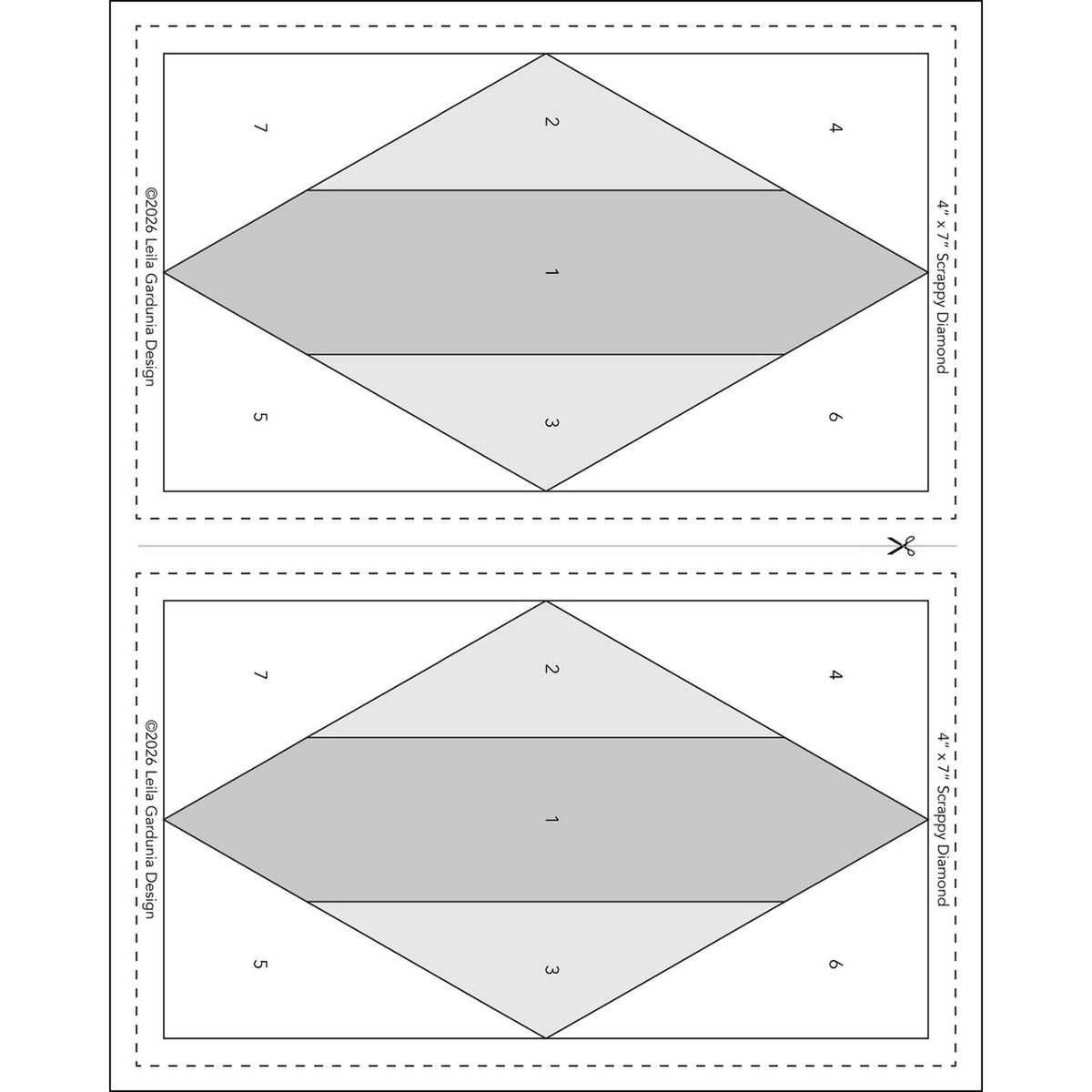 Two printable quilt blocks, each with numbered sections and dashed cut lines, are shown side by side. Both templates from Checker Distributor's Scrappy Diamonds Foundation Pad have a central diamond shape, ideal for foundation paper piecing.