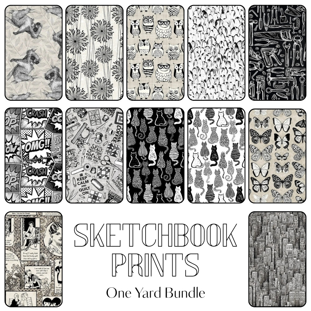 Sketchbook Prints one yard fabric bundle with artistic illustration prints