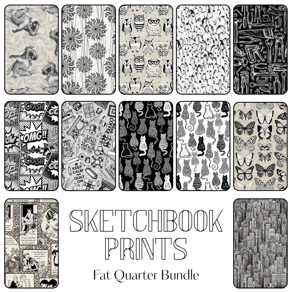 Sketchbook Prints fat quarter fabric bundle with artistic illustration prints