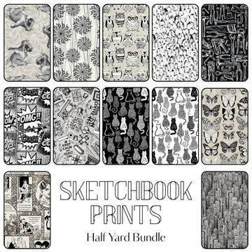Sketchbook Prints half yard fabric bundle with artistic illustration prints
