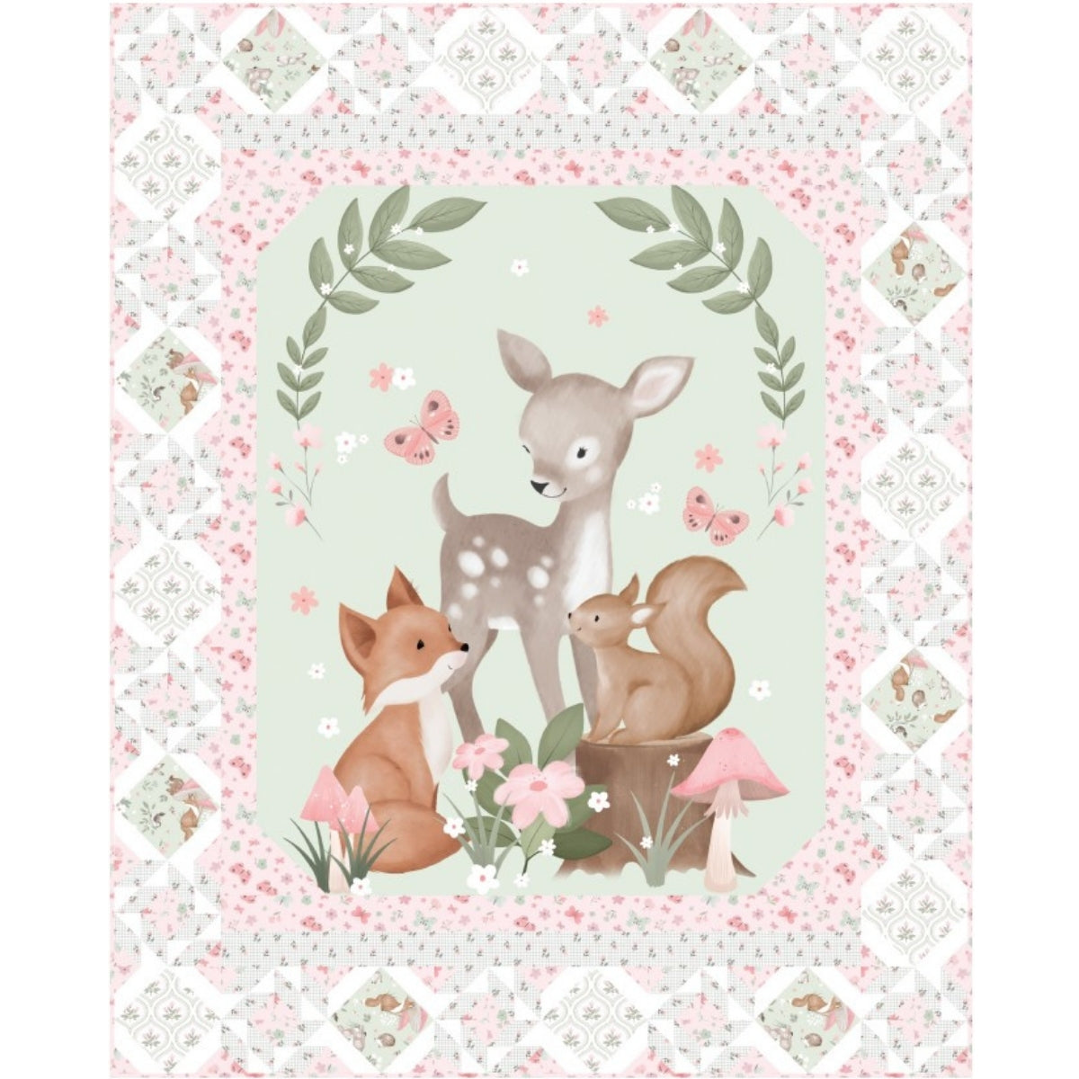 Sweet Woodland Friends baby quilt with deer fox squirrel and pink floral panel border