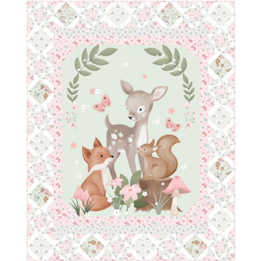 Sweet Woodland Friends baby quilt with deer fox squirrel and pink floral panel border