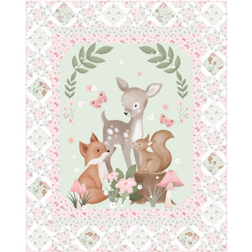 Sweet Woodland Friends baby quilt with deer fox squirrel and pink floral panel border