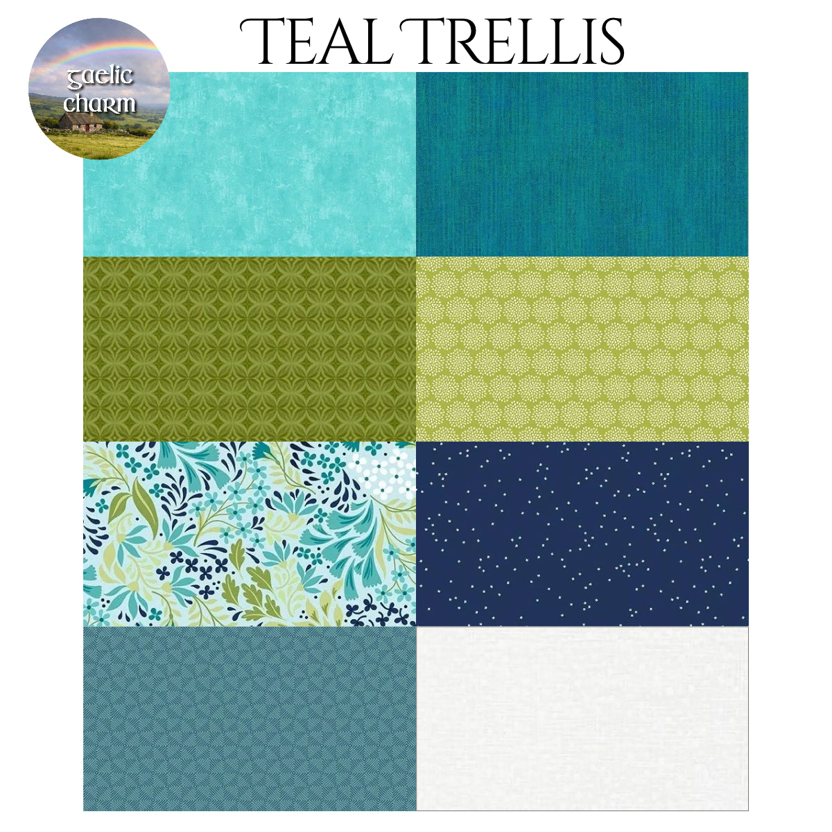 Teal Trellis fabric swatches showing teal and green colorways for Mystery Five-0 quilt kit