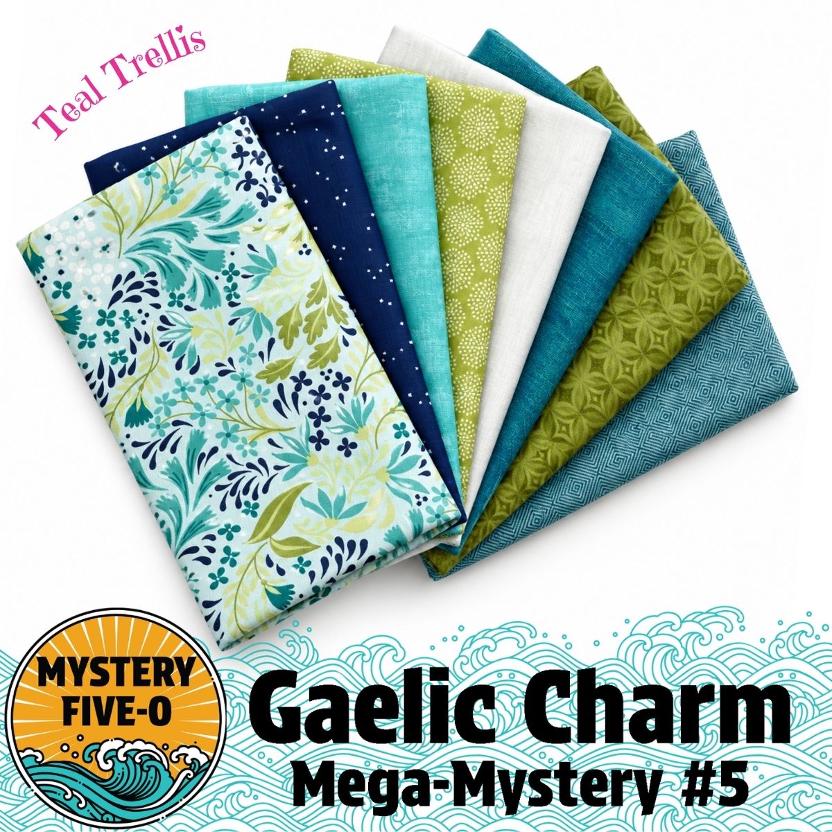 Mystery Five-0 Teal Trellis fat quarter bundle with teal and green batik fabrics