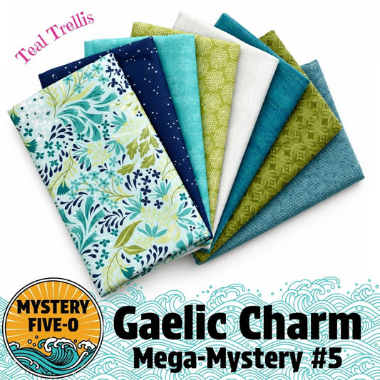 Mystery Five-0 Teal Trellis fat quarter bundle with teal and green batik fabrics