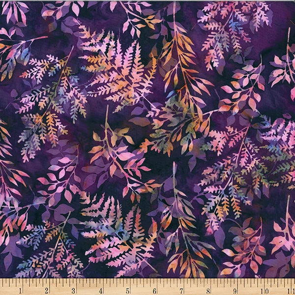 Huckleberry marsala leafy branches batik cotton quilting fabric yardage