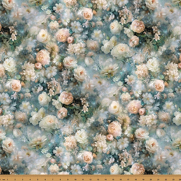 Wings Over Wildflowers Dusty Teal Flowers Fabric Yardage - quilt fabric for sewing and quilting projects