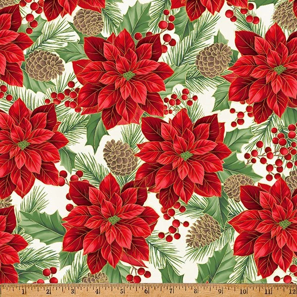 Christmas Wish Natural Gold Poinsettia Fabric Yardage - quilt fabric for sewing and quilting projects
