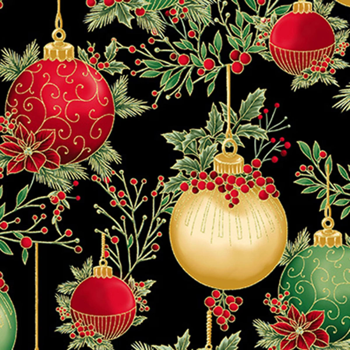 Christmas Wish Black Gold Ornaments Fabric Yardage - quilt fabric for sewing and quilting projects